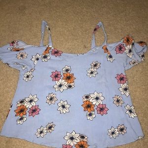 Off the shoulder light blue shirt